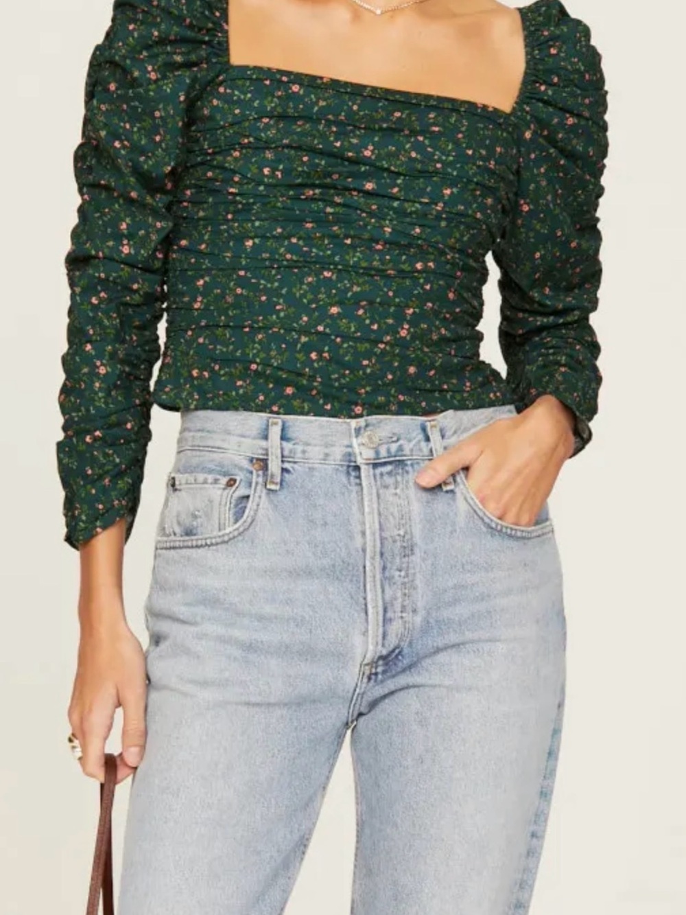NWT Women’s Reformation Dark Green Floral Joi Top
